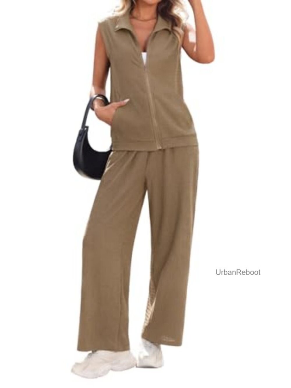 Women's 2 Piece Sleeveless Zip Top & Wide Leg Pant Set Polyester Spandex